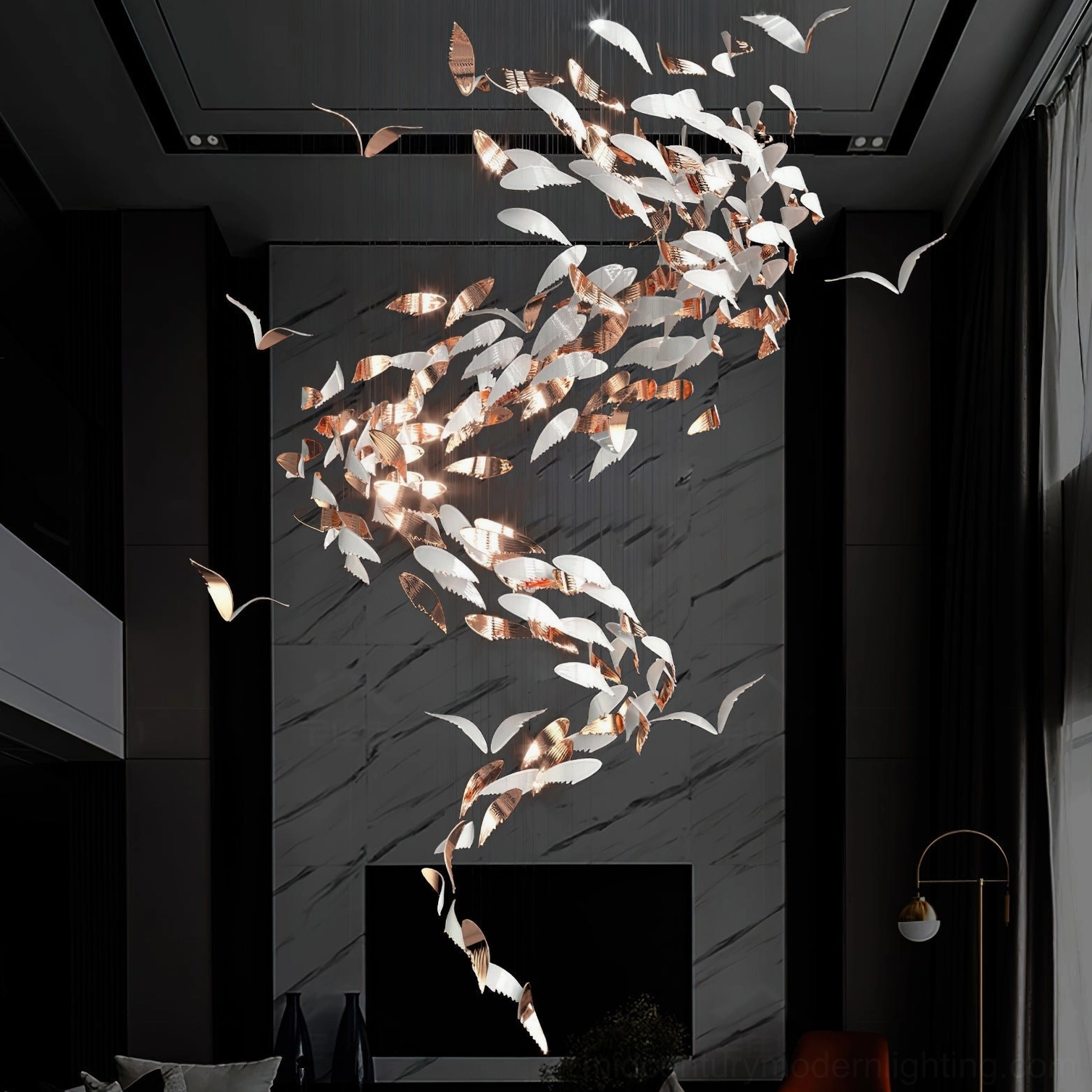 Bennett Wings Chandelier geometric composition highlighting architectural drama of suspended metal and glass wings with precise light diffusion angles