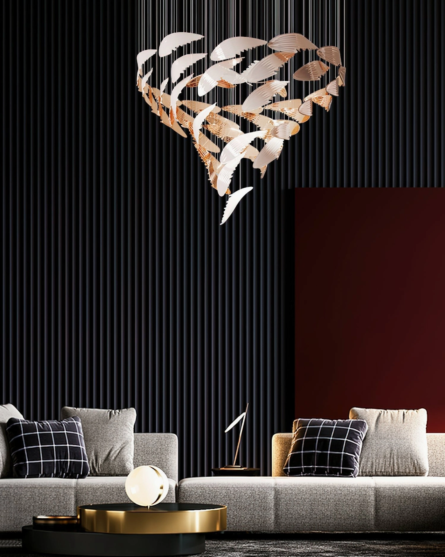 Bennett Wings Chandelier installed in modern dark luxury living room with warm gold and white finish demonstrating artistic sculptural presence
