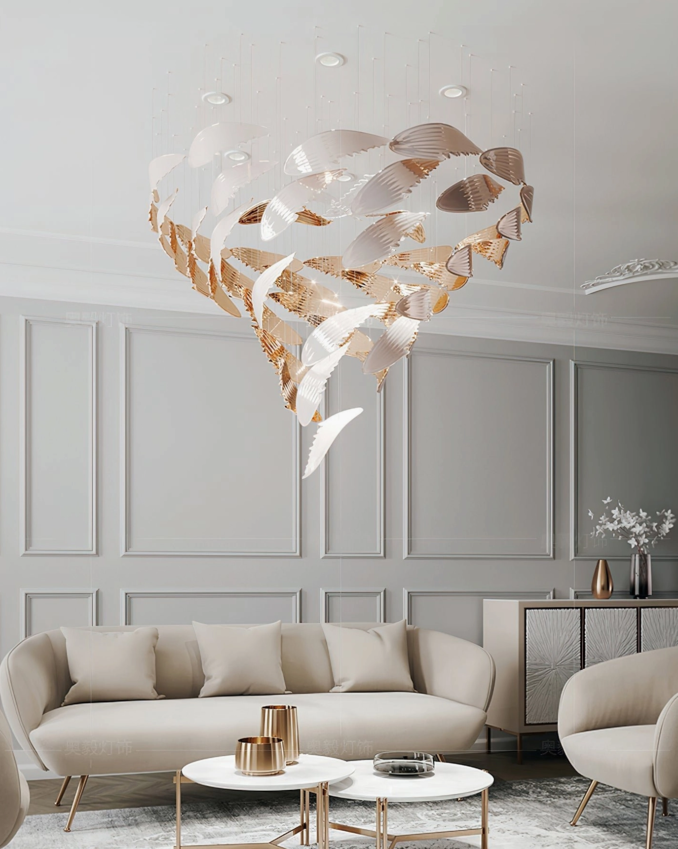 Bennett Wings Chandelier installed in neoclassical luxury living room with white and champagne gold finish demonstrating elegant cascading wing arrangement