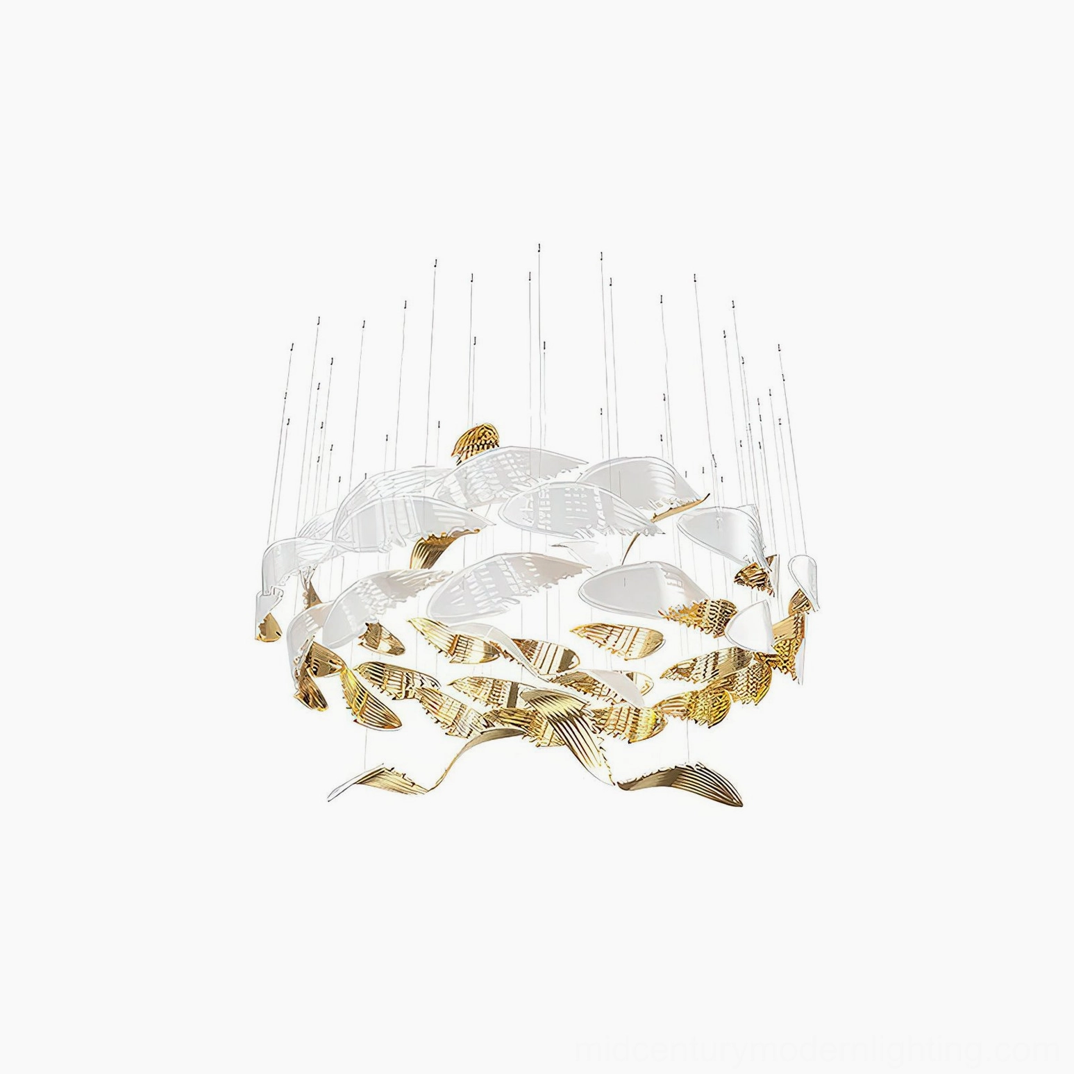 Bennett Wings Chandelier overhead perspective demonstrating the outward-radiating flock formation and dynamic flight pattern of suspended elements