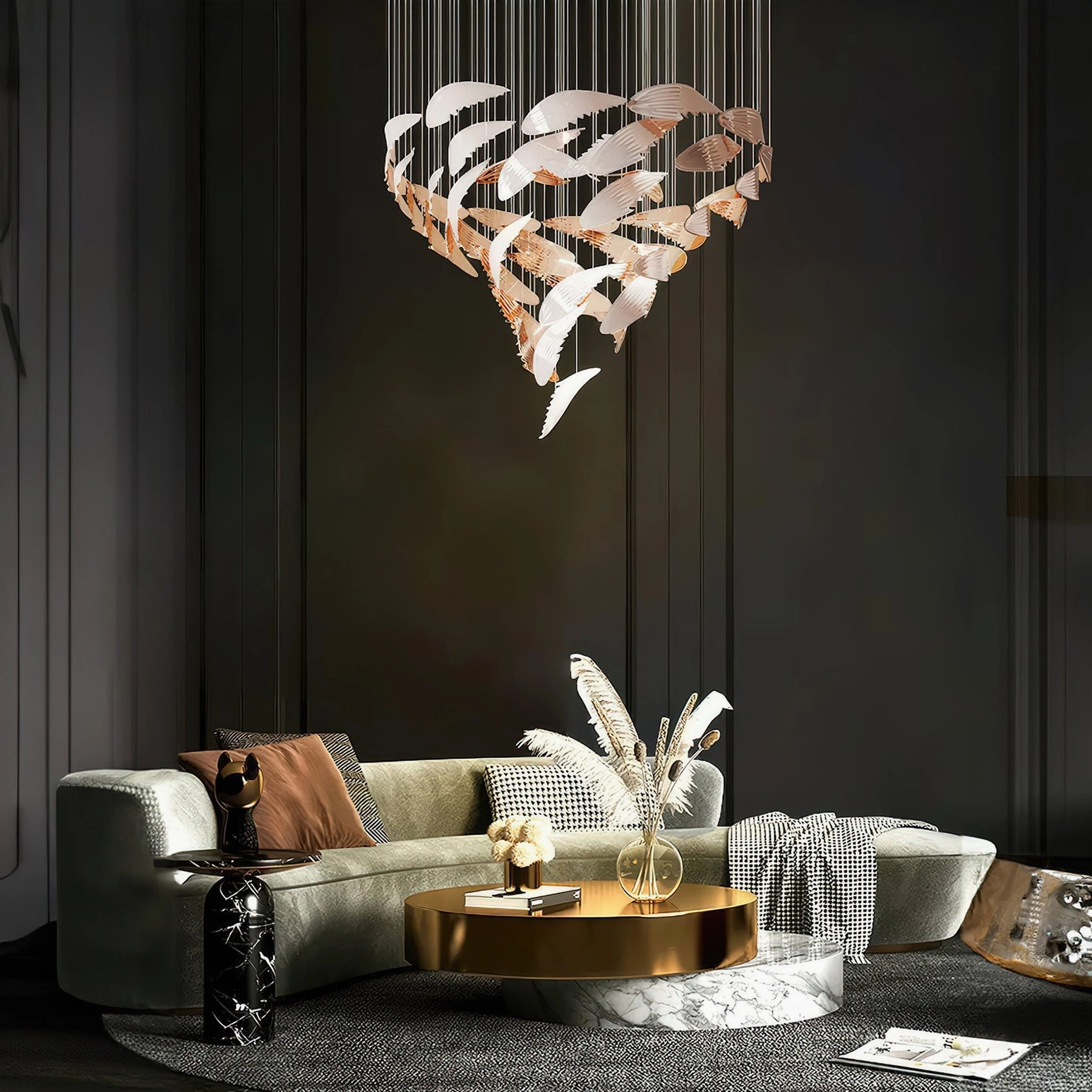 Bennett Wings Chandelier side profile view revealing depth and three-dimensional wing layering with warm ambient LED glow distribution