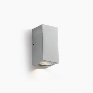 Bentu minimalist concrete wall sconce front view studio shot, grey finish, compact square design