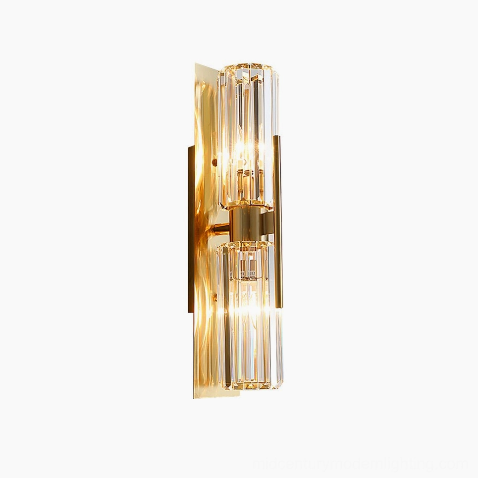 Bepuzz Wall Sconce design detail – hand-chiseled vertical crystal prism rods mounted on polished brass rectangular stem