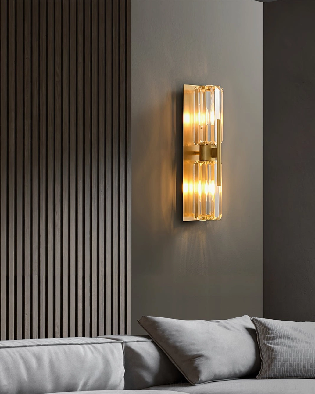 Bepuzz Wall Sconce compact size installed in minimalist modern living room with gray sofa