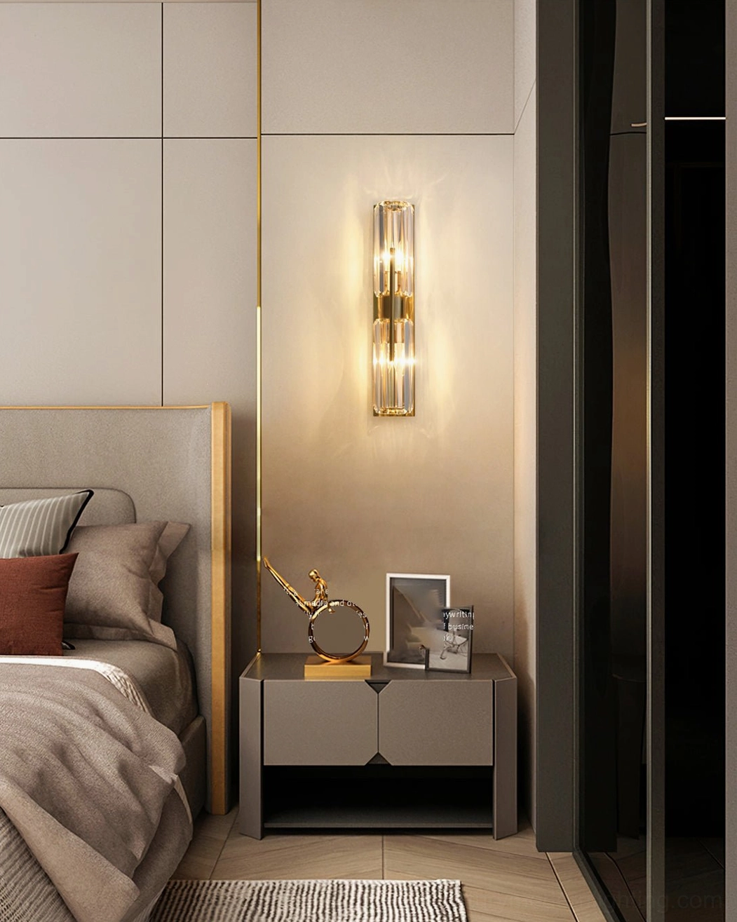 Bepuzz Wall Lamp illuminated in modern bedroom interior – prismatic refraction on wall surface