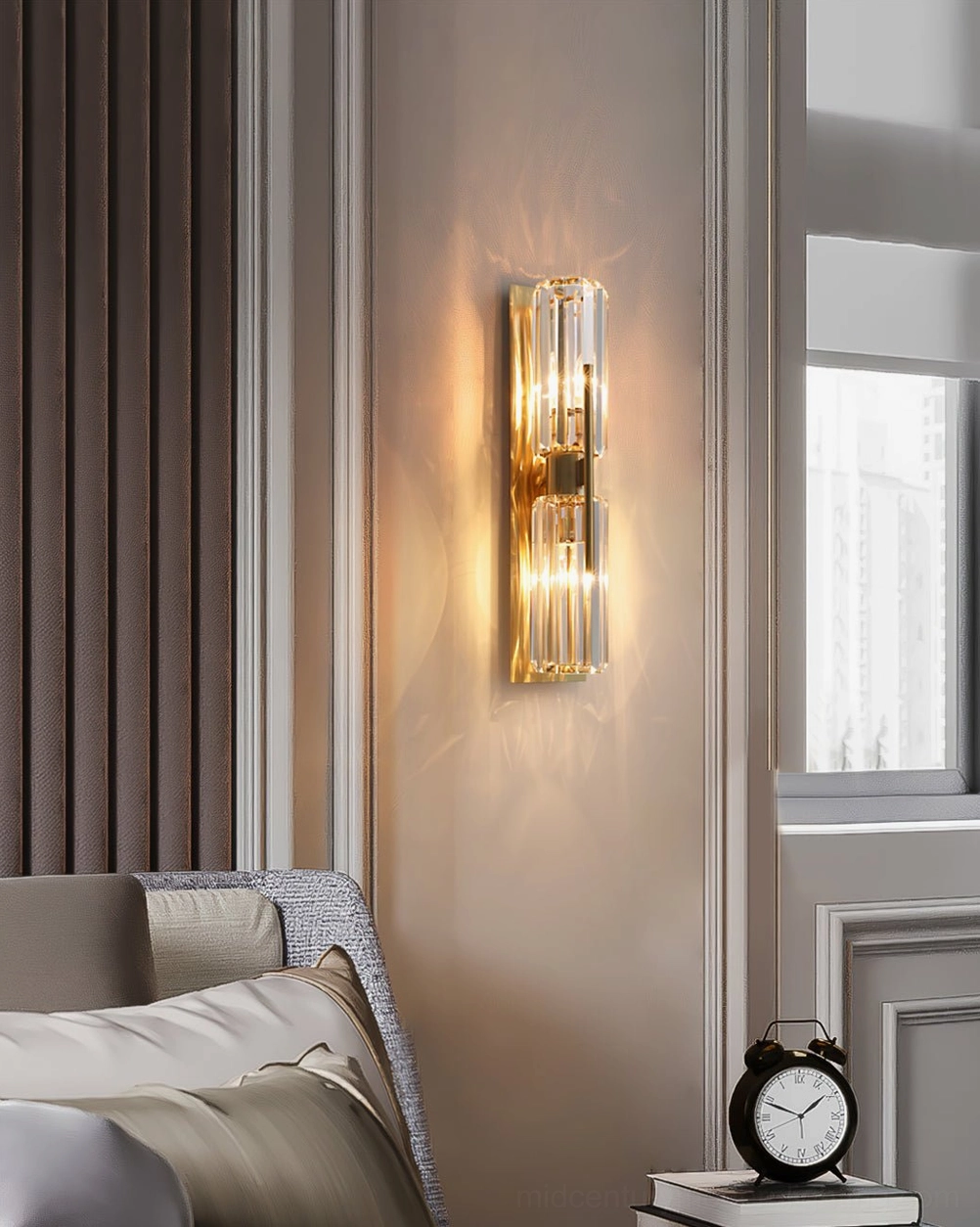 Bepuzz Crystal Wall Sconce installed on bedroom wall above bedside table – Art Deco luxury lighting accent