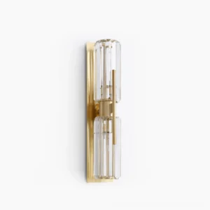 Bepuzz Crystal Wall Sconce – polished brass rectangular backplate with two stacked hand-chiseled vertical crystal prism clusters on studio white background