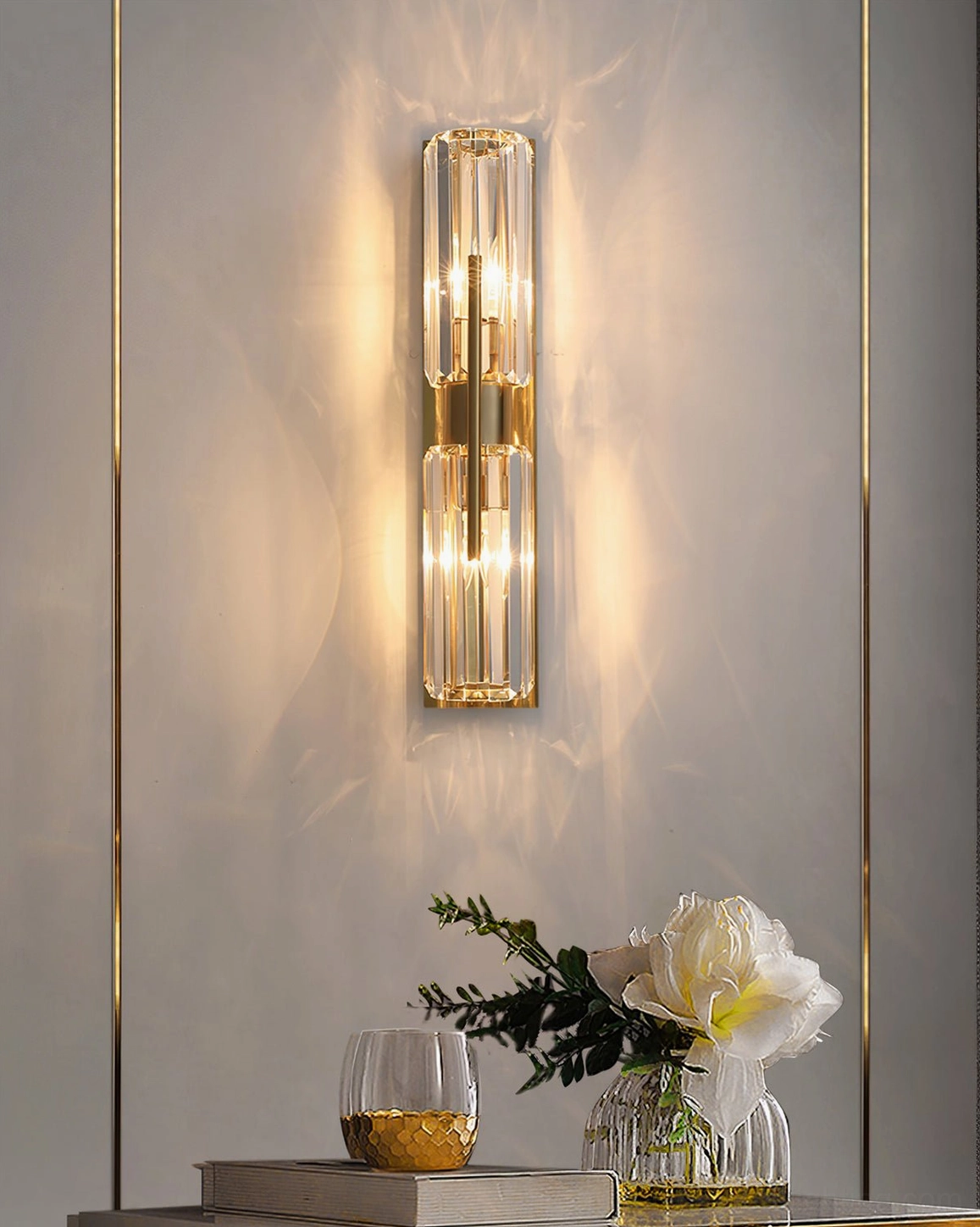 Bepuzz Crystal Wall Lamp minimalist installation – sleek polished brass backplate with stacked crystal clusters