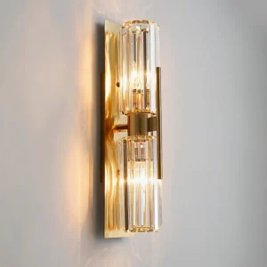 Bepuzz Wall Sconce in Statement size (60cm height) – polished brass and clear crystal prisms dual-cluster design