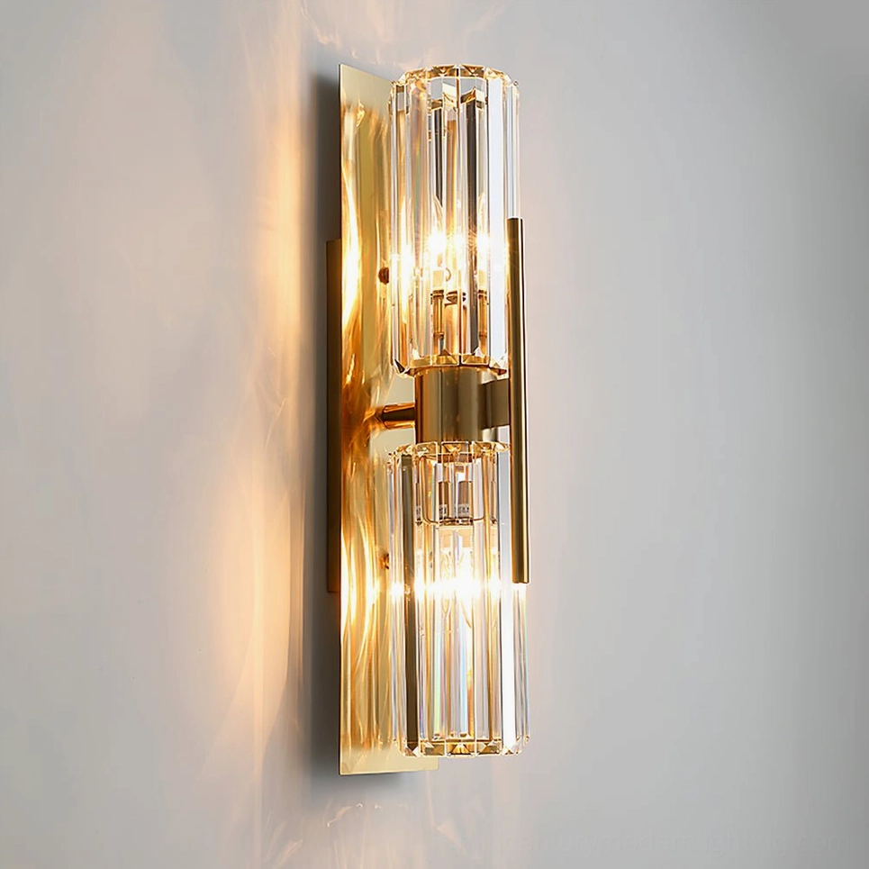 Bepuzz Wall Sconce in Statement size (60cm height) – polished brass and clear crystal prisms dual-cluster design