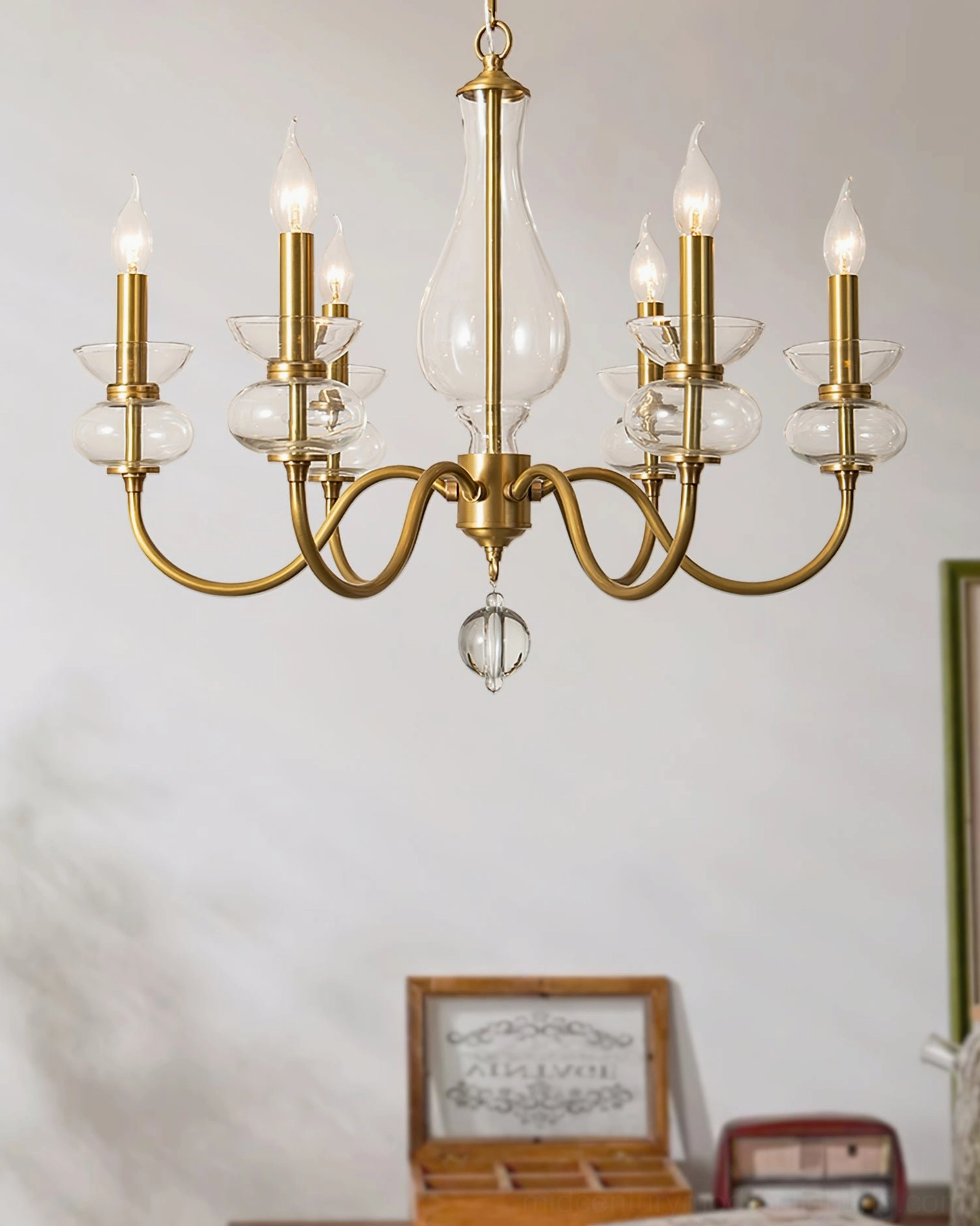 Bergdorf glass chandelier vintage home interior warm brass lighting ambient glow