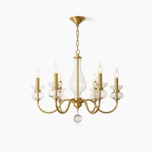 Bergdorf 6-light brass glass chandelier overhead view white background mid-century modern design
