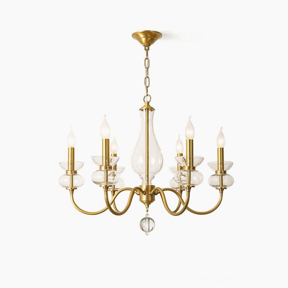 Bergdorf 6-light brass glass chandelier overhead view white background mid-century modern design