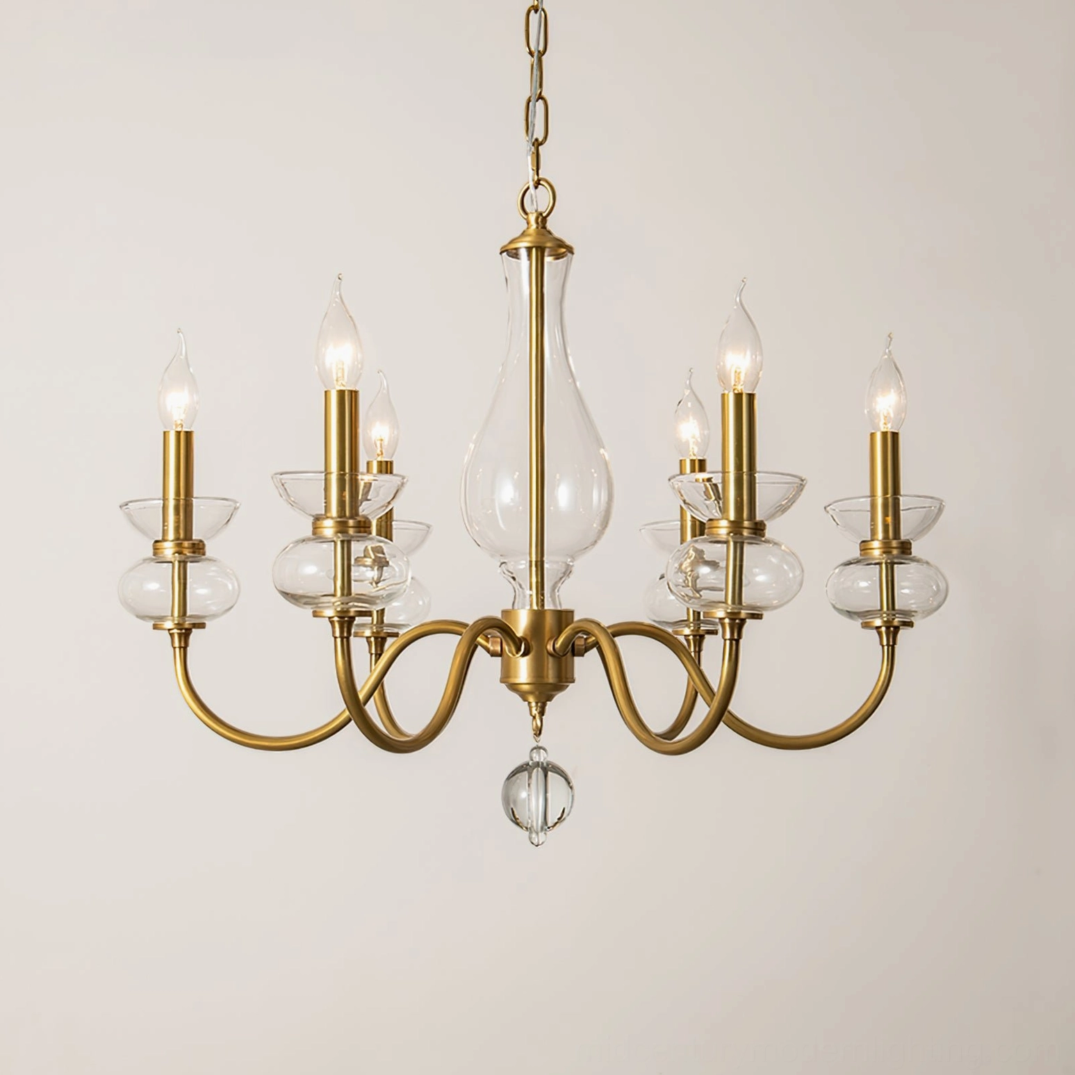 Bergdorf brass glass chandelier six-light fixture side profile product photography