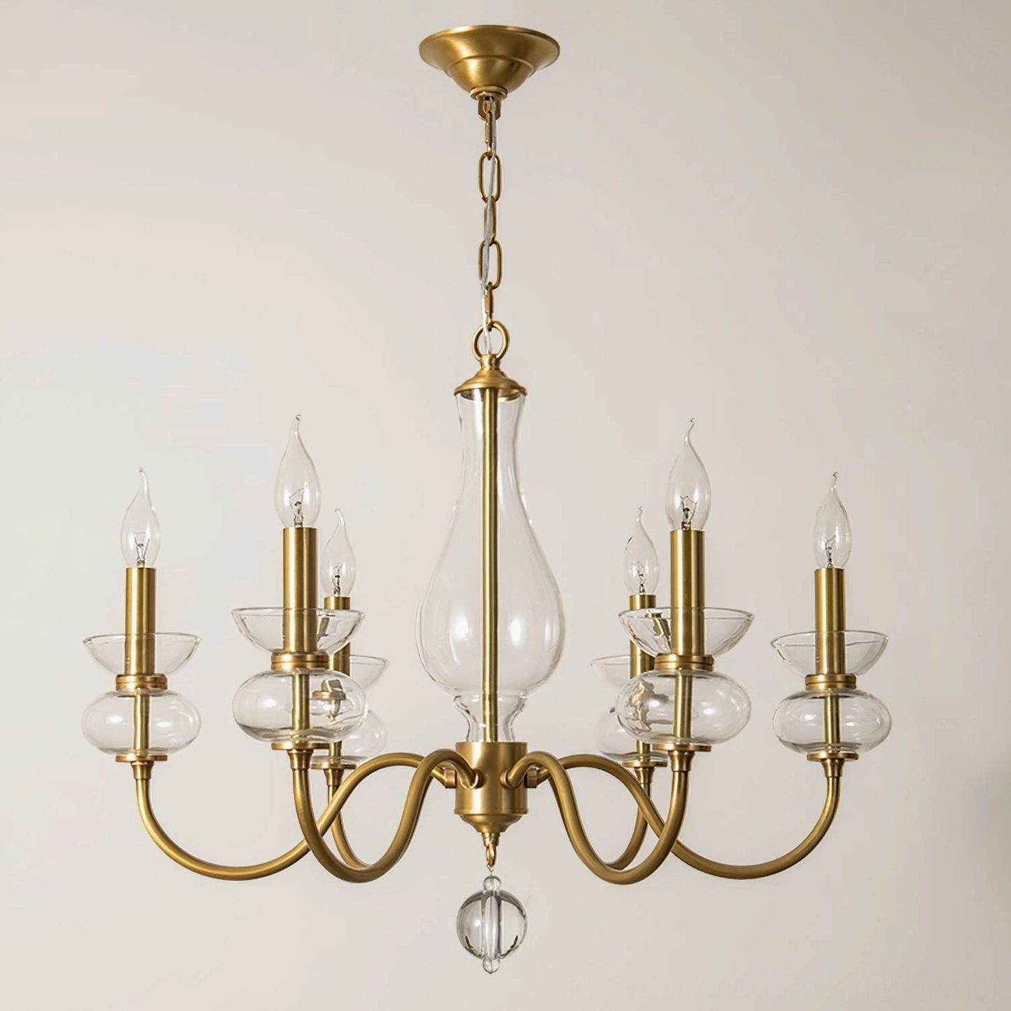 Unlit Bergdorf chandelier clear glass cup holders crystal pendant white backdrop