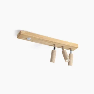 Berge 3-head adjustable travertine track ceiling light with natural wood base, side front view showing rustic wabi-sabi modern design