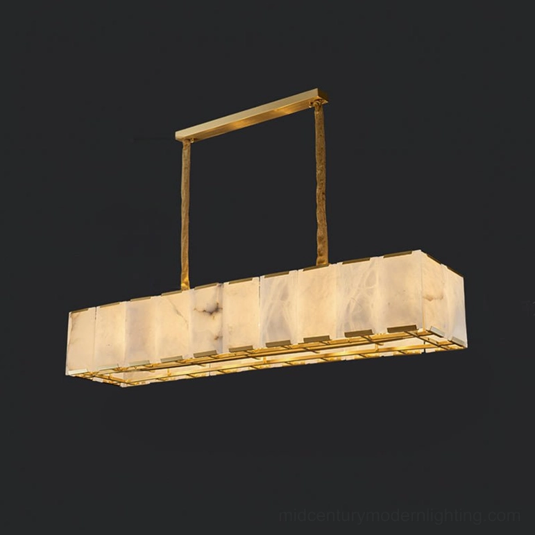 Bernardi linear alabaster chandelier 10 head configuration brass and white finish, compact minimalist modern light fixture
