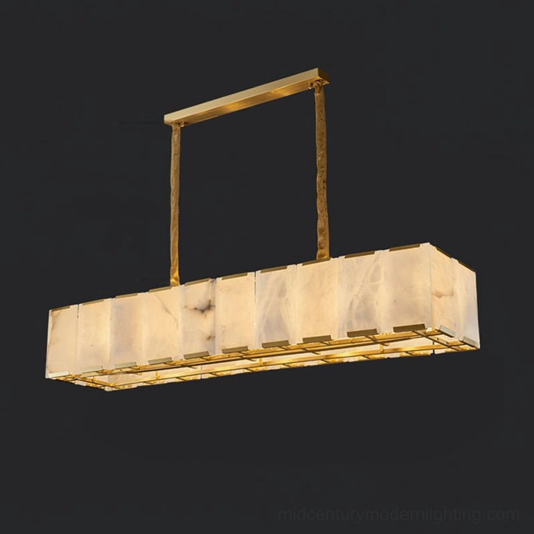 Bernardi linear alabaster chandelier 12 head configuration brass and white, dining installation architectural presence