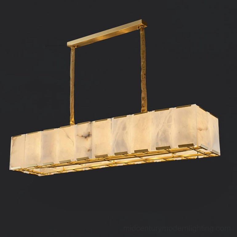 Bernardi linear alabaster chandelier 16 head configuration with brass and white finish, full fixture architectural view