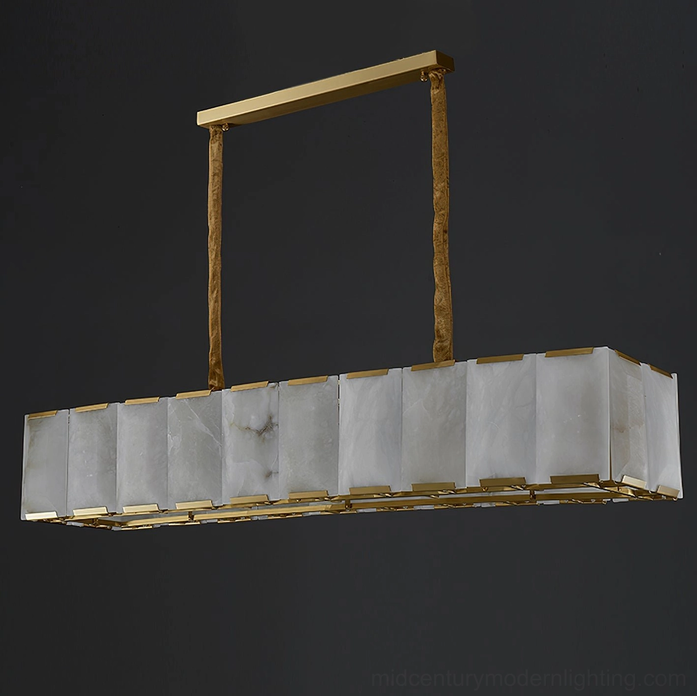 Bernardi rectangular alabaster chandelier front close-up with brushed brass frame and matte alabaster panels on dark studio backdrop