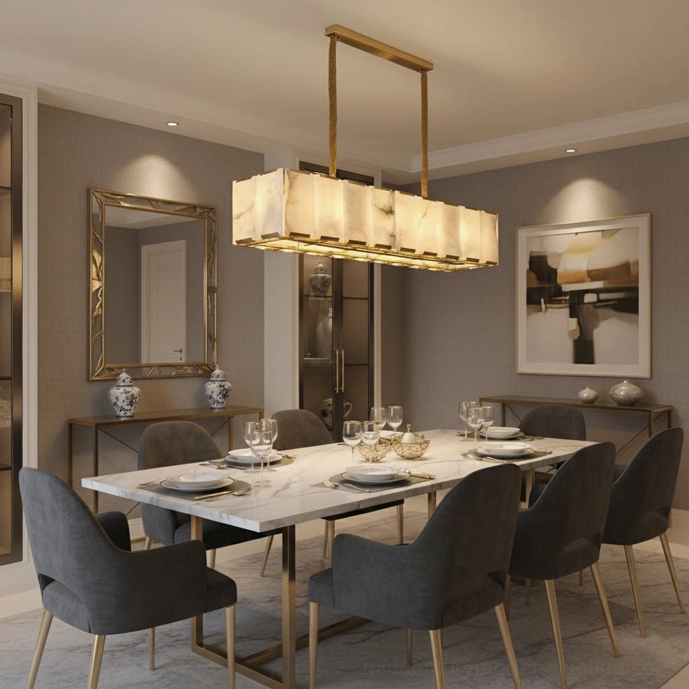 Bernardi alabaster chandelier in contemporary formal dining room with grey upholstered chairs and wall mirror decor, side angle view