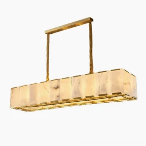 Bernardi linear alabaster chandelier front close-up showing rectangular alabaster panels with polished brass gold trim frame, studio detail view