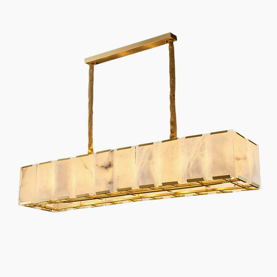 Bernardi linear alabaster chandelier front close-up showing rectangular alabaster panels with polished brass gold trim frame, studio detail view