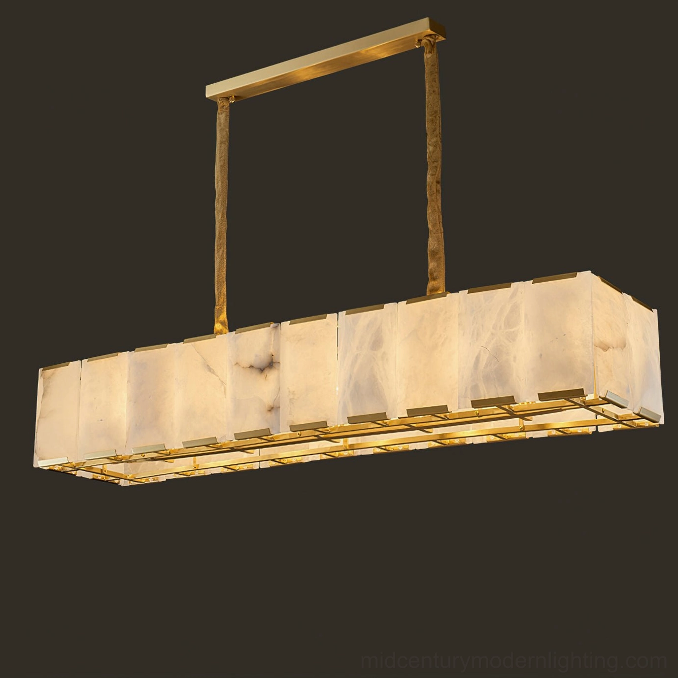 Bernardi alabaster chandelier showing full linear composition with multiple alabaster head panels and brass suspension chain system
