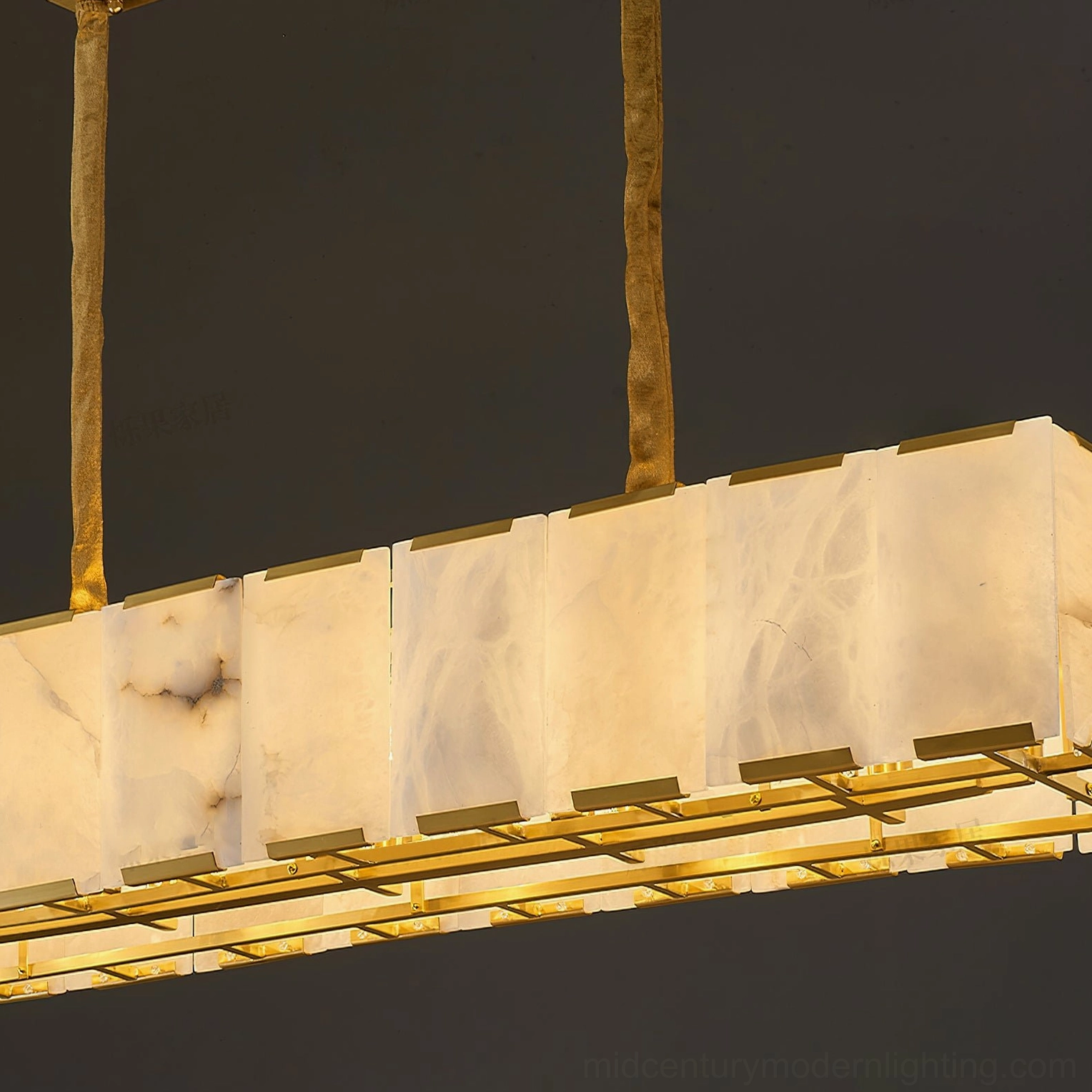 Bernardi alabaster chandelier extreme close-up showing translucent alabaster slabs and polished gold metal frame construction detail