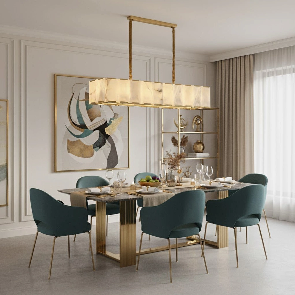 Bernardi linear alabaster chandelier in formal residential dining room with wide perspective showing architectural presence over dining table