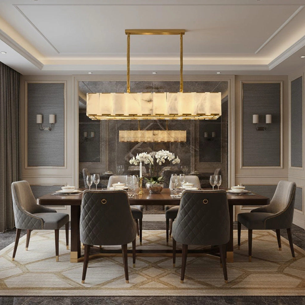 Bernardi alabaster chandelier overhead view in luxury formal dining room with tufted dining chairs and patterned area rug
