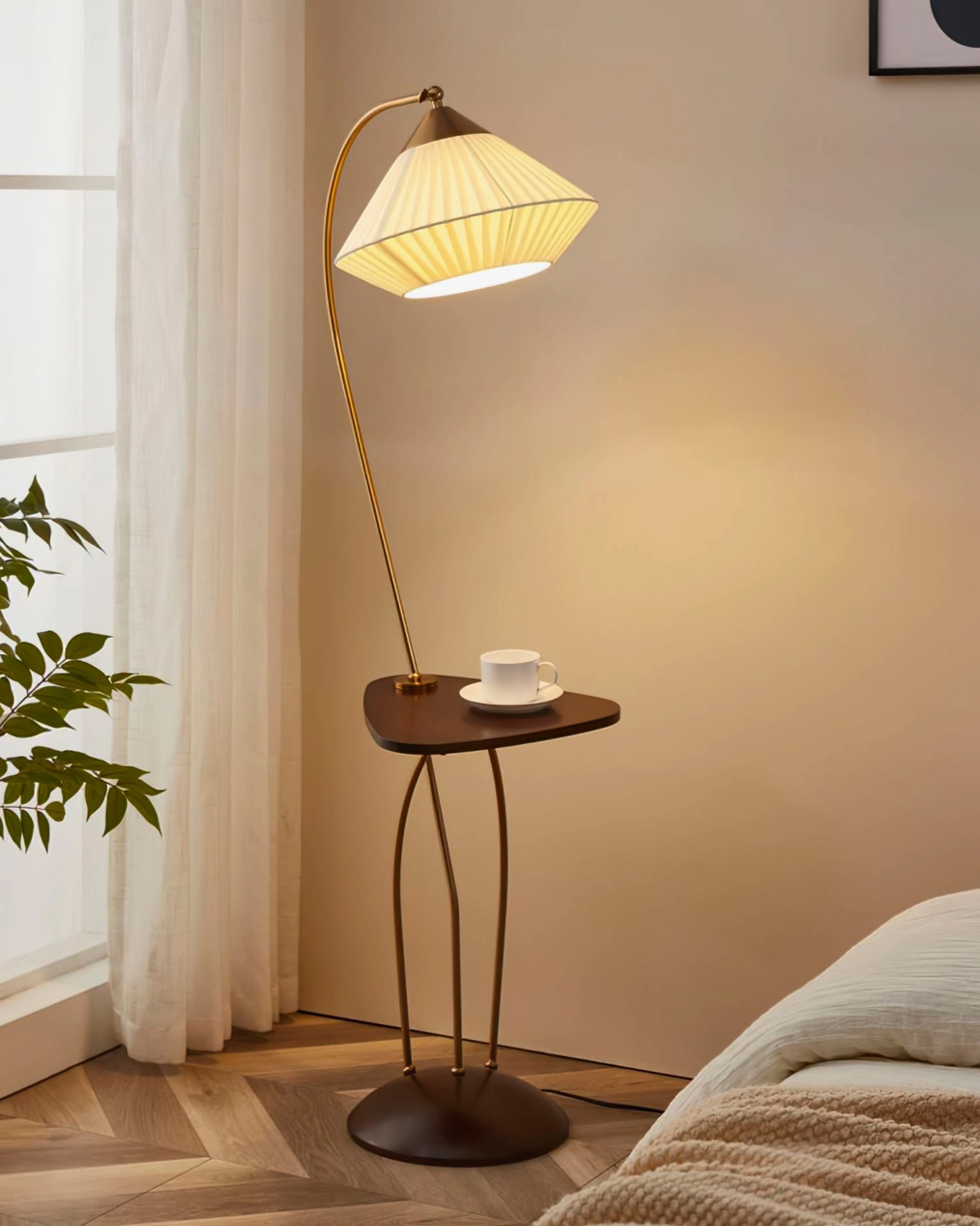 Bertil arc floor lamp partial frame and shade, polished brass gold arched rod with pleated fabric shade construction