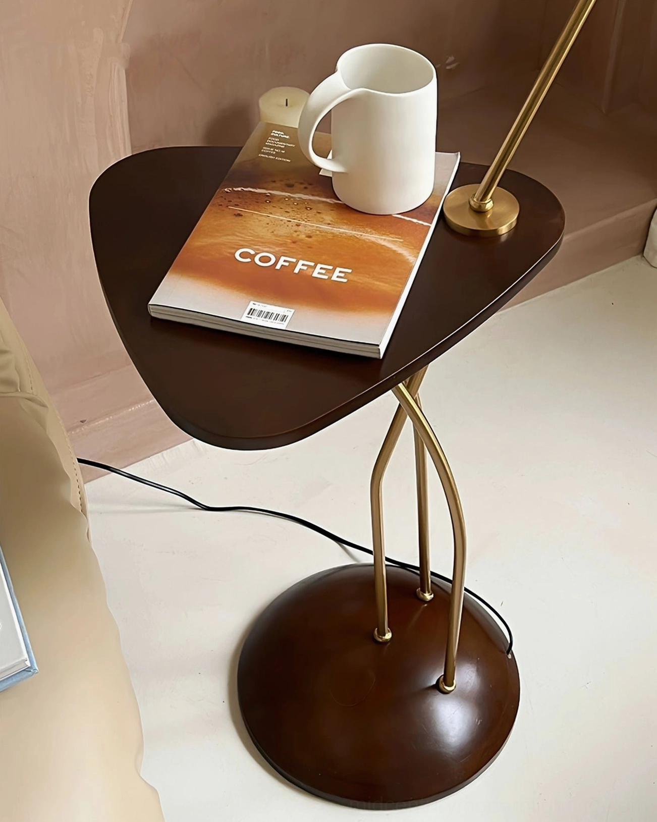 Bertil arc floor lamp with side table, mid-century modern design aesthetic, walnut and brass construction materials