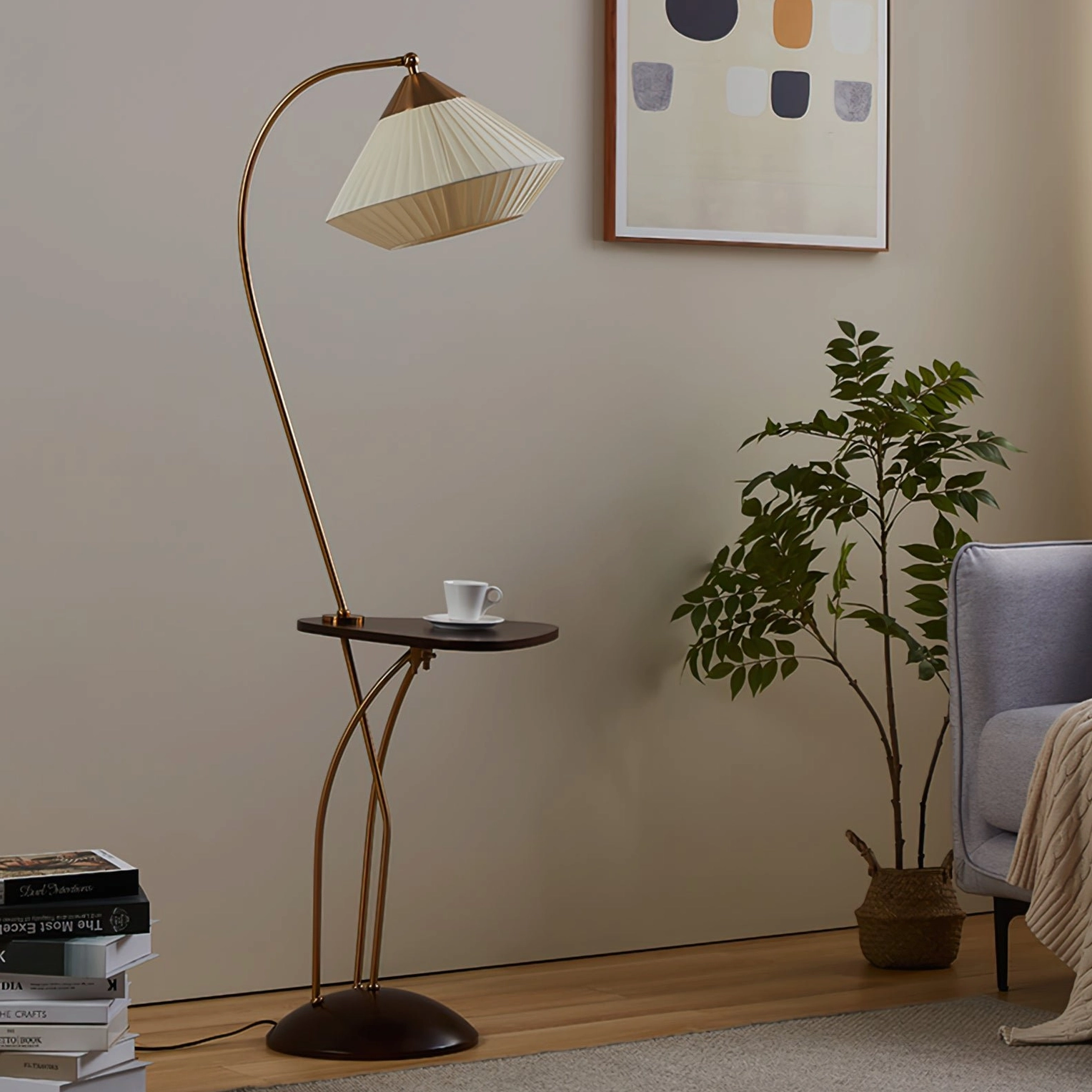 Bertil floor lamp with integrated side table in cozy residential space, warm glow illuminating reading area near potted plant