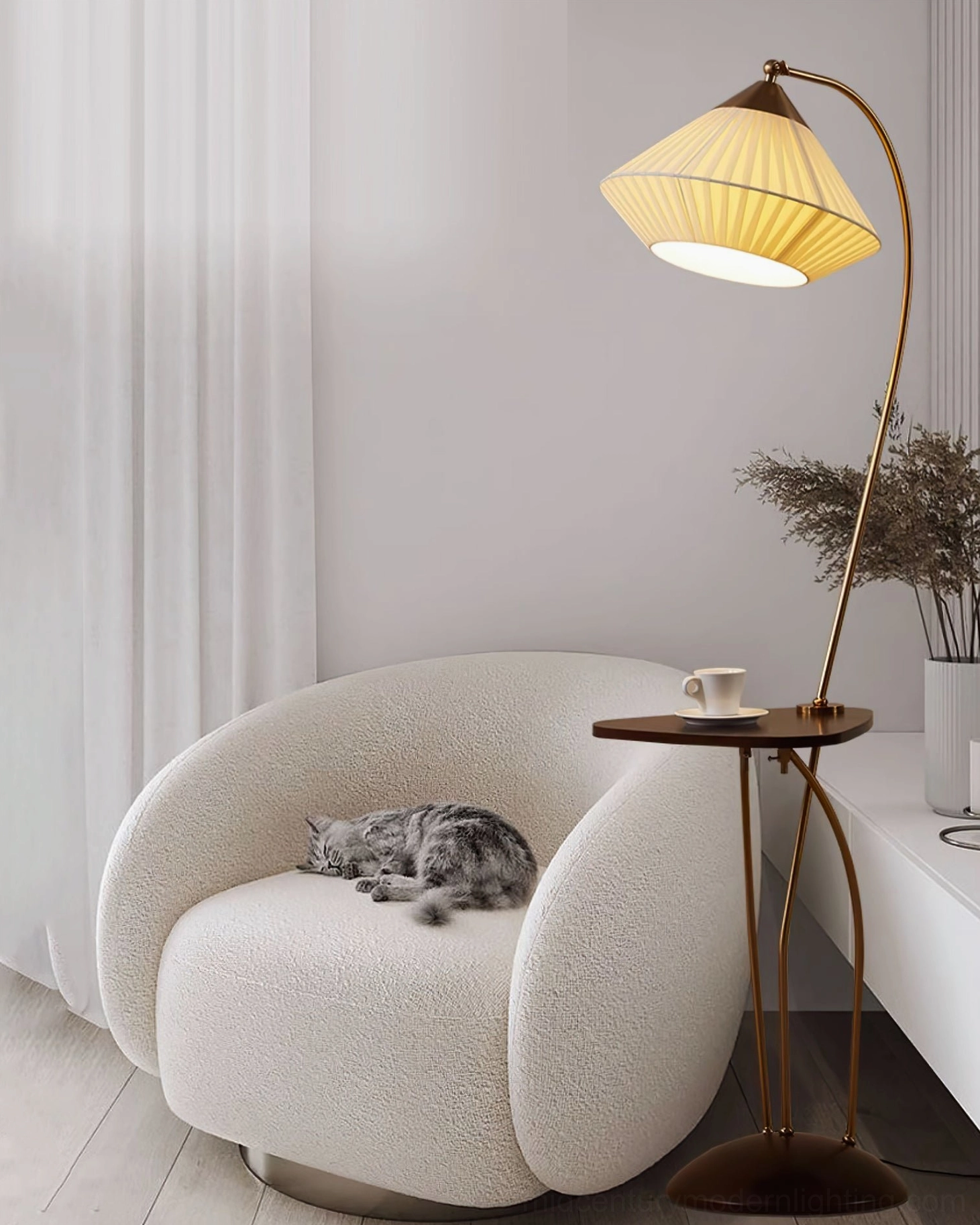 Bertil mid-century modern arc floor lamp, complete product view showing brass frame, walnut base, and beige fabric shade