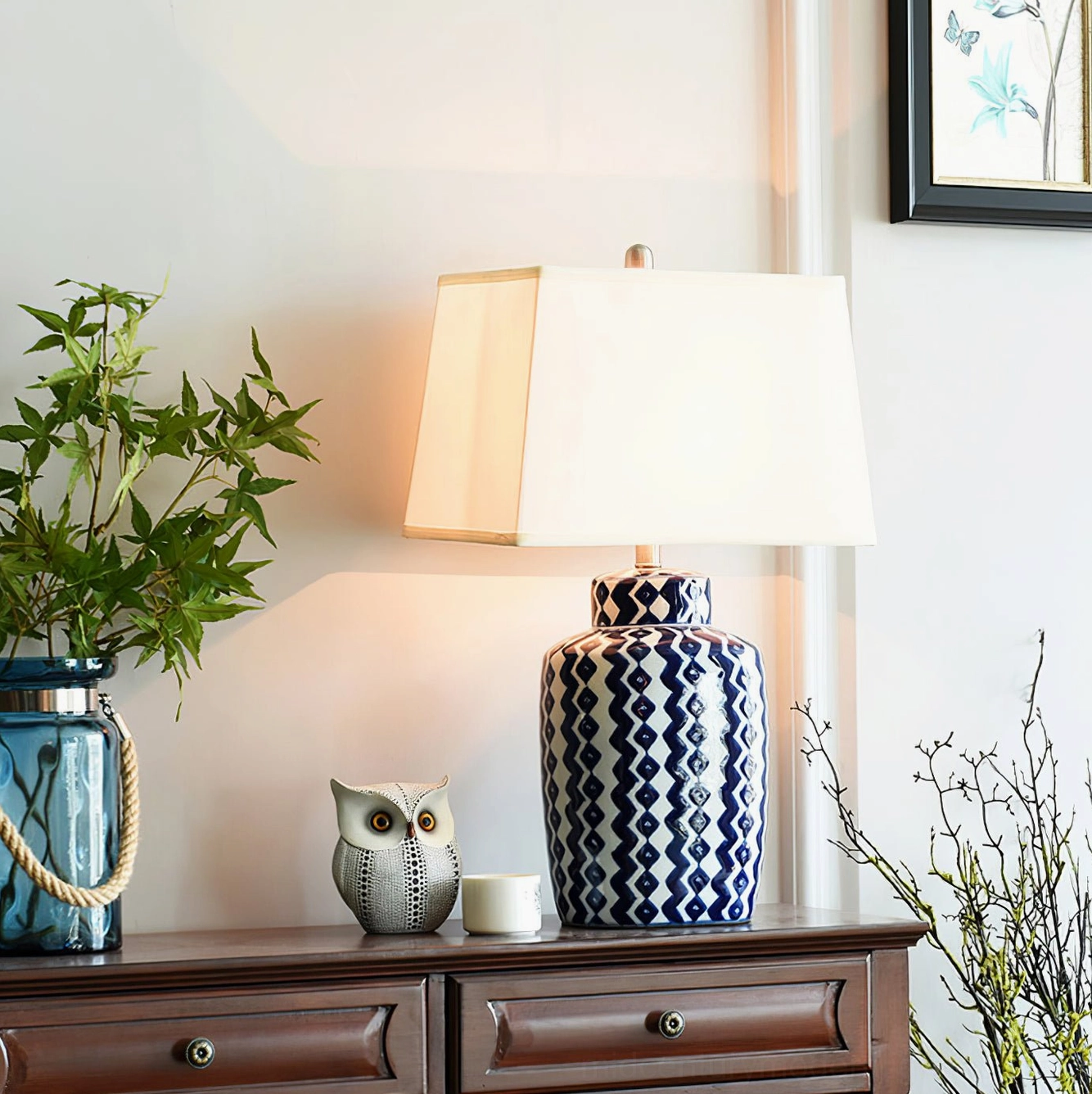 Beryl blue and white ceramic table lamp showing complete side profile with proportions and fabric shade detail