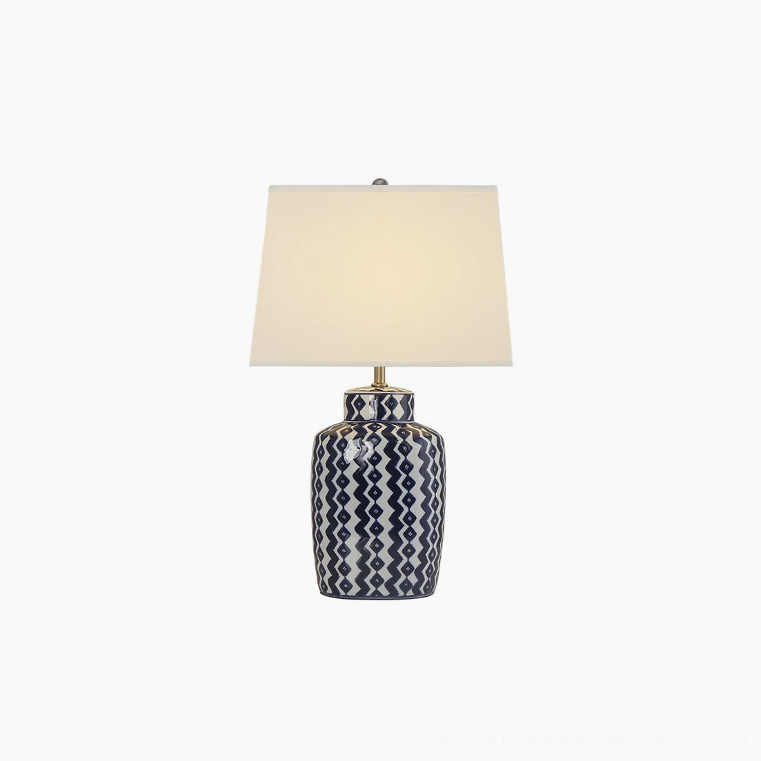 Beryl blue and white ceramic table lamp front view with modern geometric base pattern and clean white shade