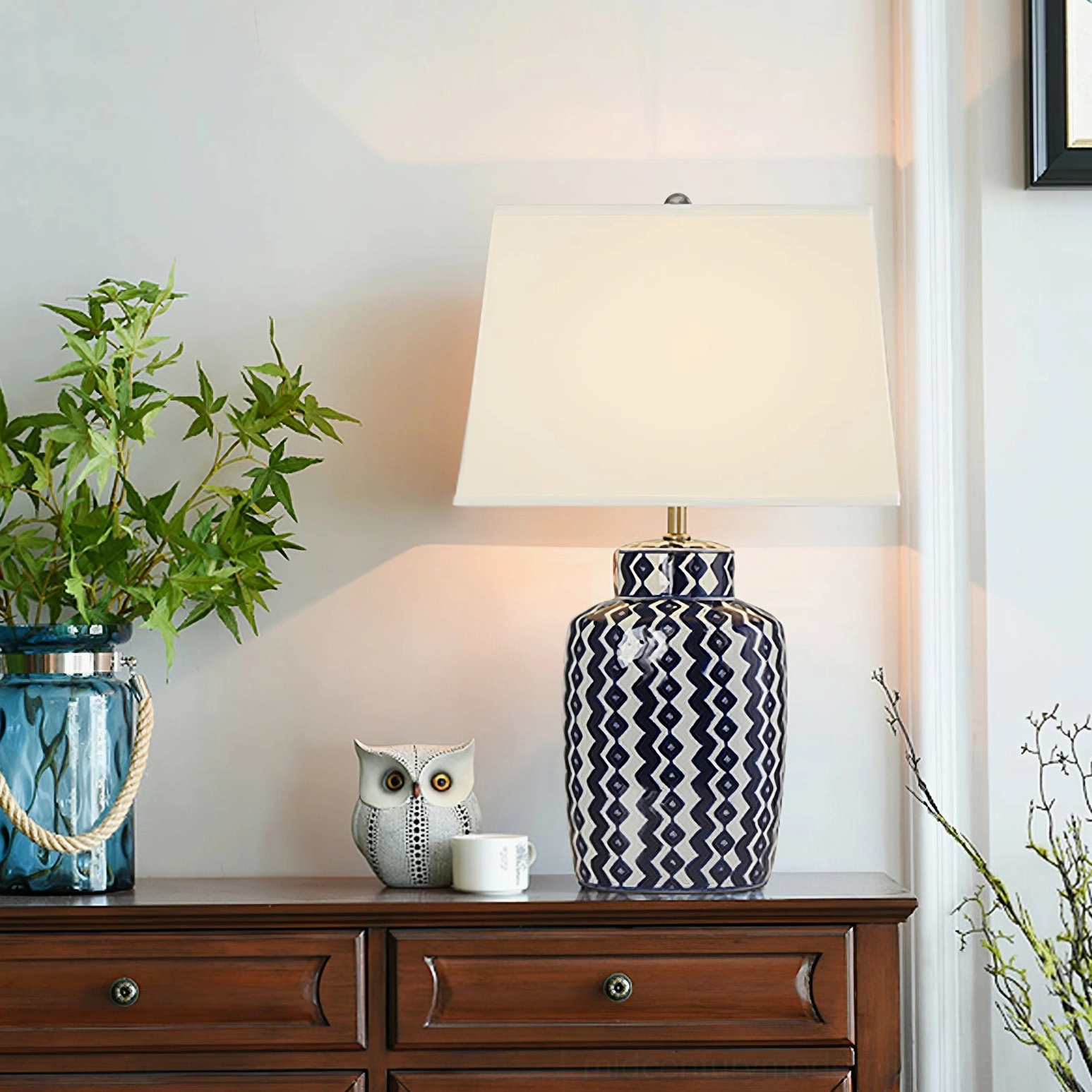 Beryl table lamp base featuring intricate blue and white chevron pattern with glossy ceramic finish