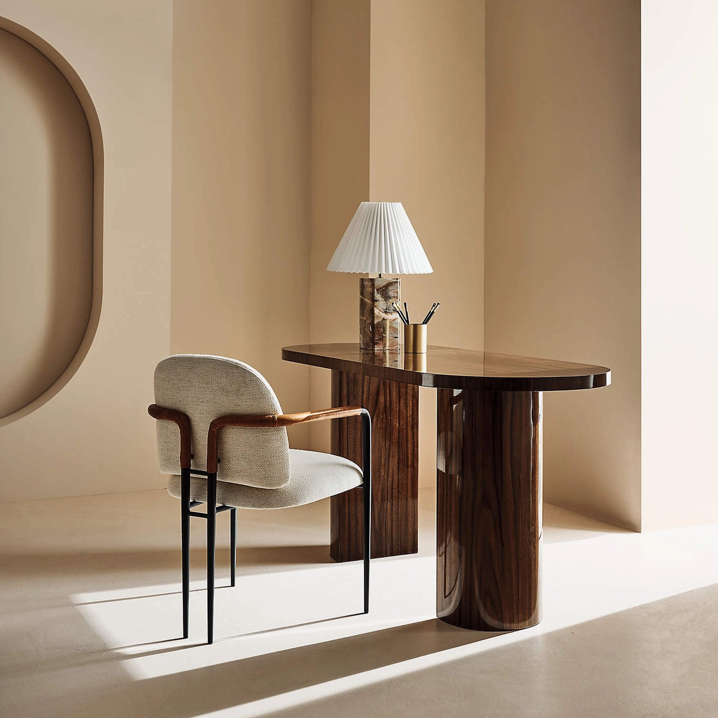 Bianca marble table lamp in modern dining room setting with dark wood table and upholstered chair