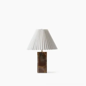 Bianca marble table lamp with pleated white fabric shade, front view on white background