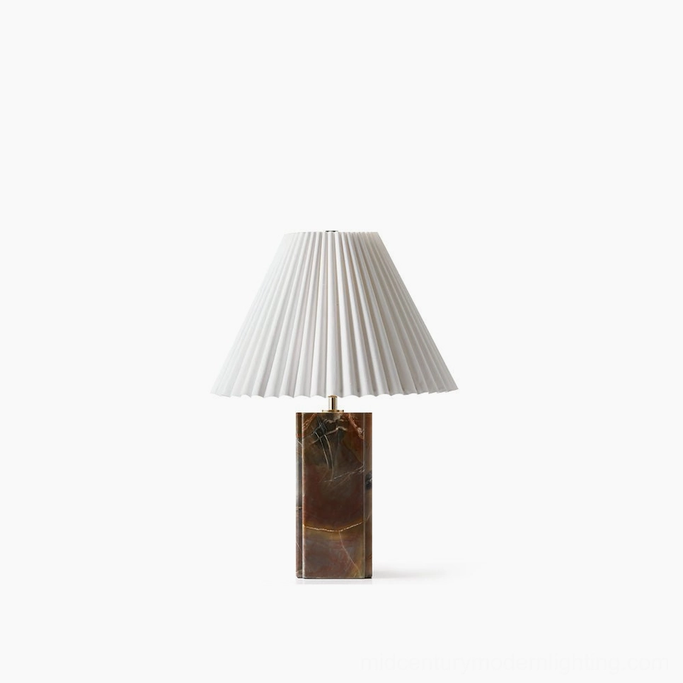 Bianca marble table lamp with pleated white fabric shade, front view on white background