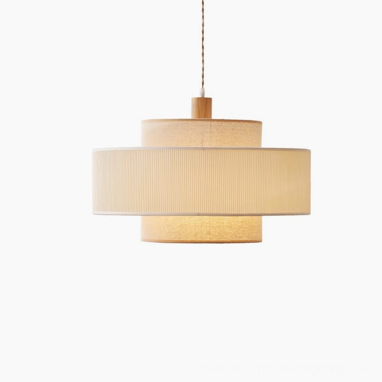 Bianella pendant lamp large size variant (60cm diameter) with beige linen and wood color in spacious dining room