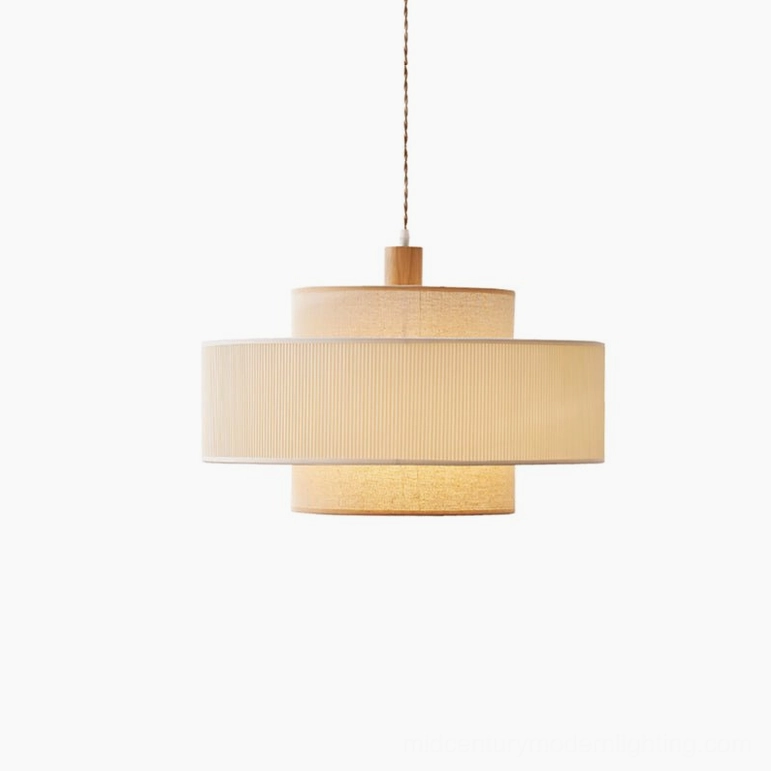 Bianella pendant lamp medium size variant (50cm diameter) with pleated beige shade and natural wood finish