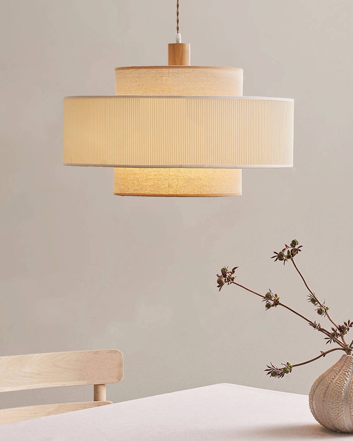 Front view of Bianella mid-century modern pendant lamp with wooden suspension hardware, japandi minimalist style