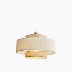 Bianella dual-layer pendant lamp with pleated beige linen shade and natural wood hardware, front studio view with white background