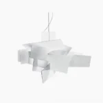 Big Bang geometric pendant chandelier overhead front view studio showcase minimal white acrylic panels