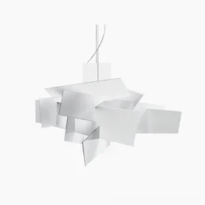 Big Bang geometric pendant chandelier overhead front view studio showcase minimal white acrylic panels