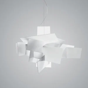 Big Bang sculptural pendant light side view suspended minimal gray backdrop angular stacked form