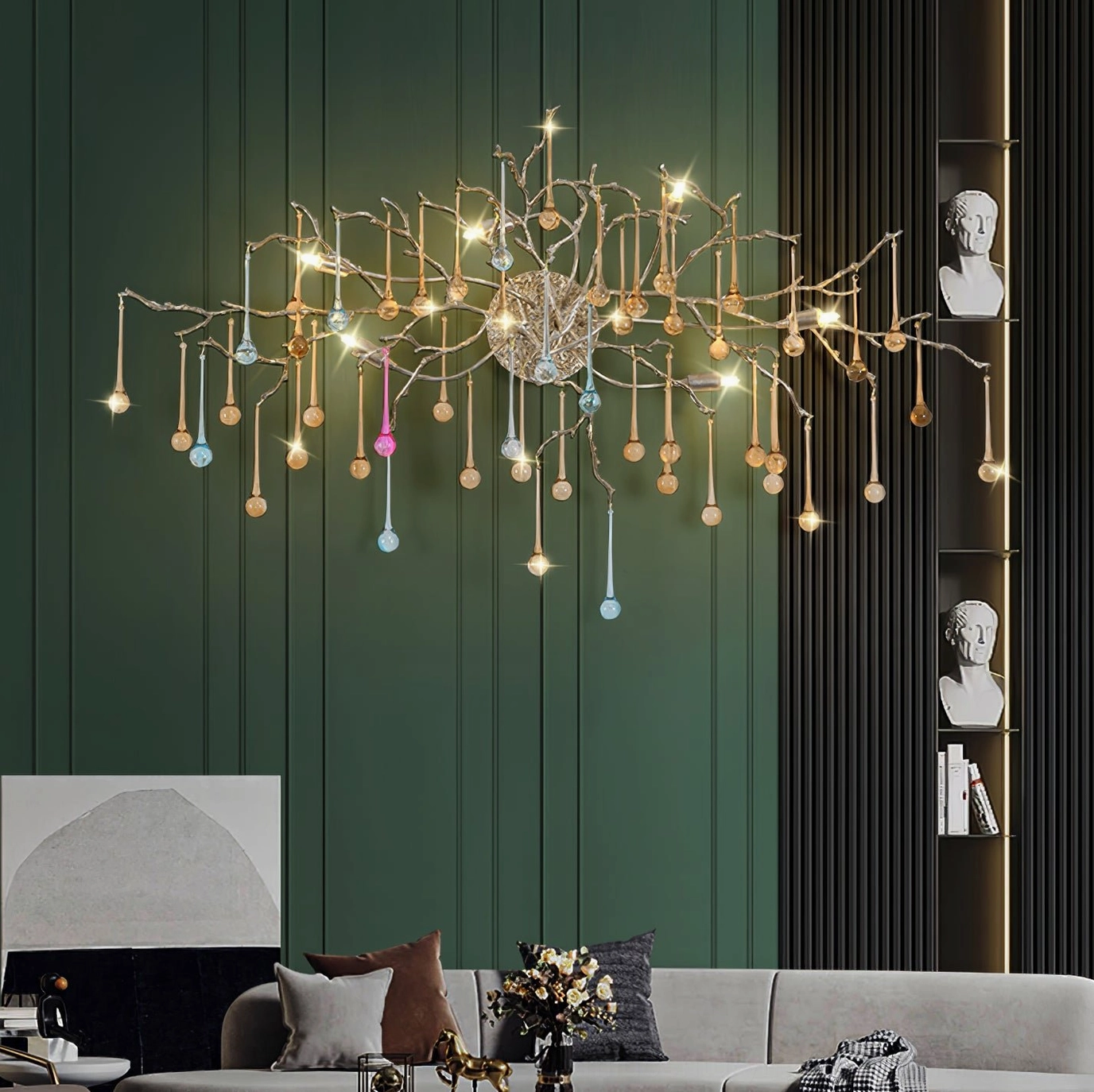 Bijout wall lamp with amber glass pendants in luxury living room with green accent wall
