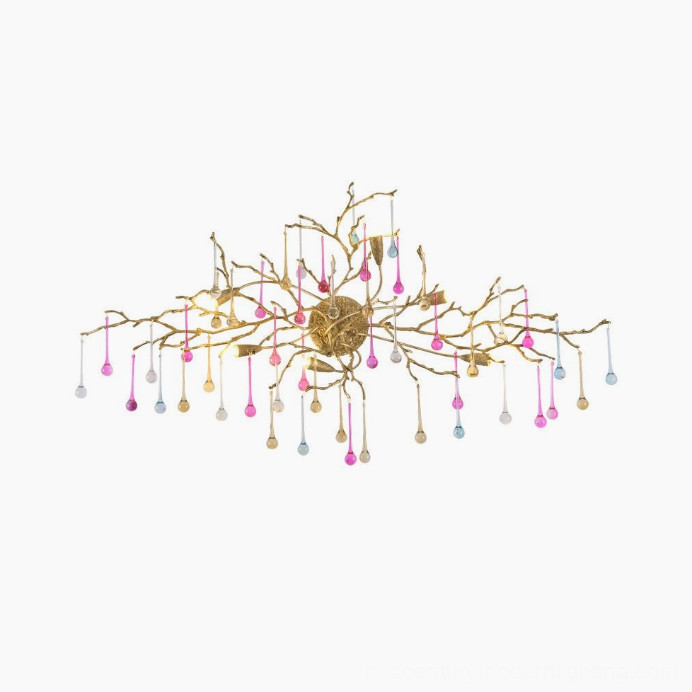 Bijout wall lamp brass branch structure with colored glass droplets, front studio view